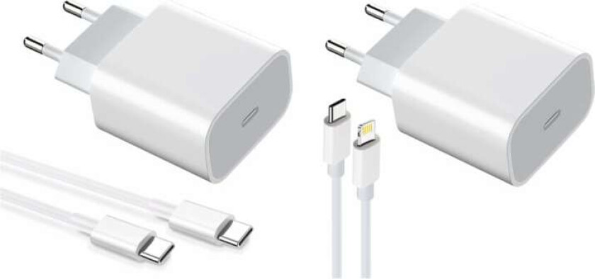 2-paks lader for iPhone / Android 20W med USB-C til Lightning og USB-C - Hurtiglader