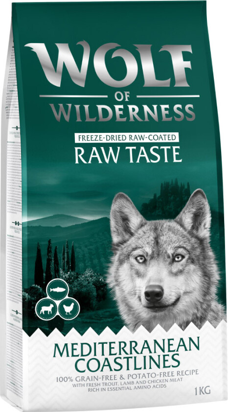 1 kg Wolf of Wilderness hundefôr til spesialpris! - The Taste Of The Mediterranean - Lam, Kylling & Ørret