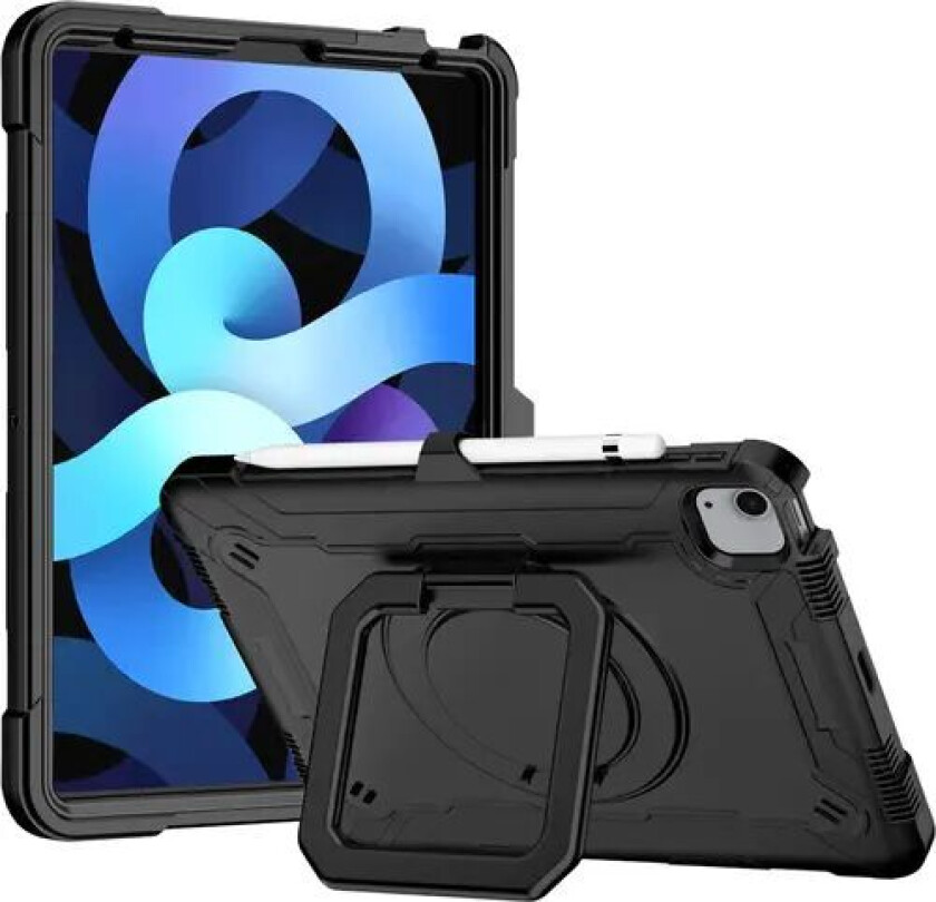 Armor-x Rugged Case With Kick-stand & Pencil Holder & Folding Grip Ipad Air 10.9" (4th Gen), Ipad Air 10.9" (5th Gen) Svart
