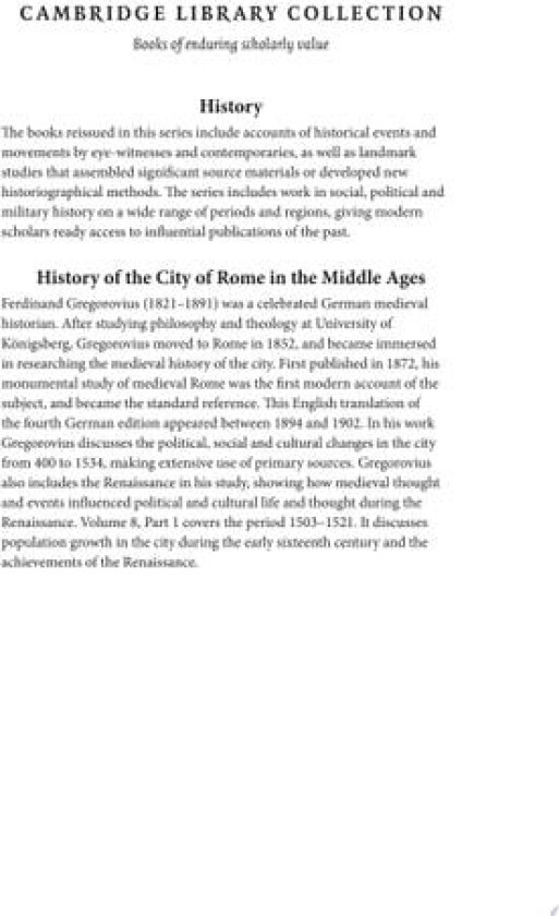 History of the City of Rome in the Middle Ages (Cambridge Library Collection - Medieval History) av Ferdinand Gregorovius (Paperback)