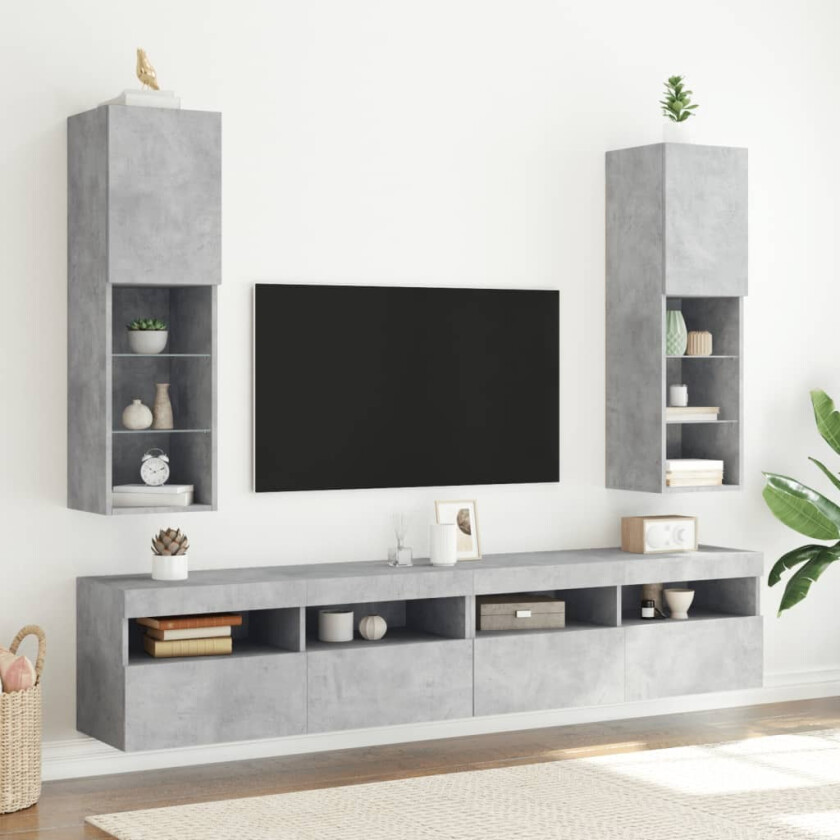 TV-benker med LED-lys 2 stk betonggrå 30,5x30x102 cm