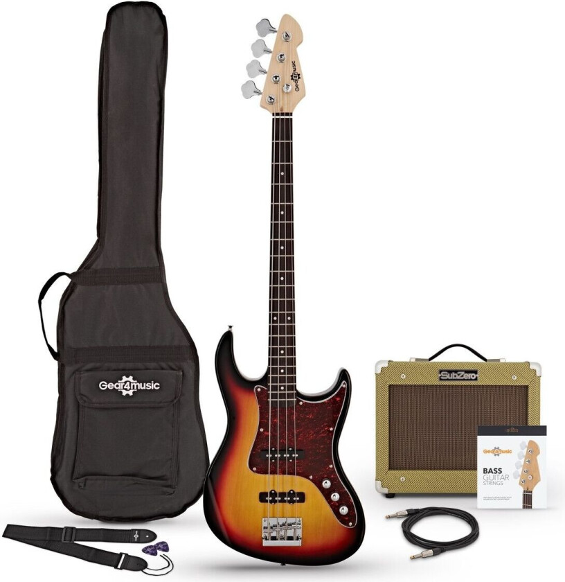 Gear4Music LA II Bassgitar + Tweed 15W Forsterkerpakke Sunburst