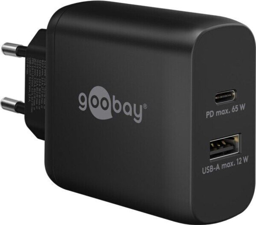 USB-C™ PD GaN Dobbel hurtiglader (65 W) Svart