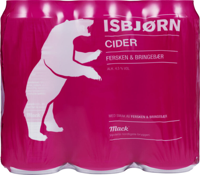 Isbjørn Cider Isbjørn Cider Fersken & Bringebær er en frisk cider med naturlig smak av fersken og bringebær. En balansert og lettdrikkelig cider.