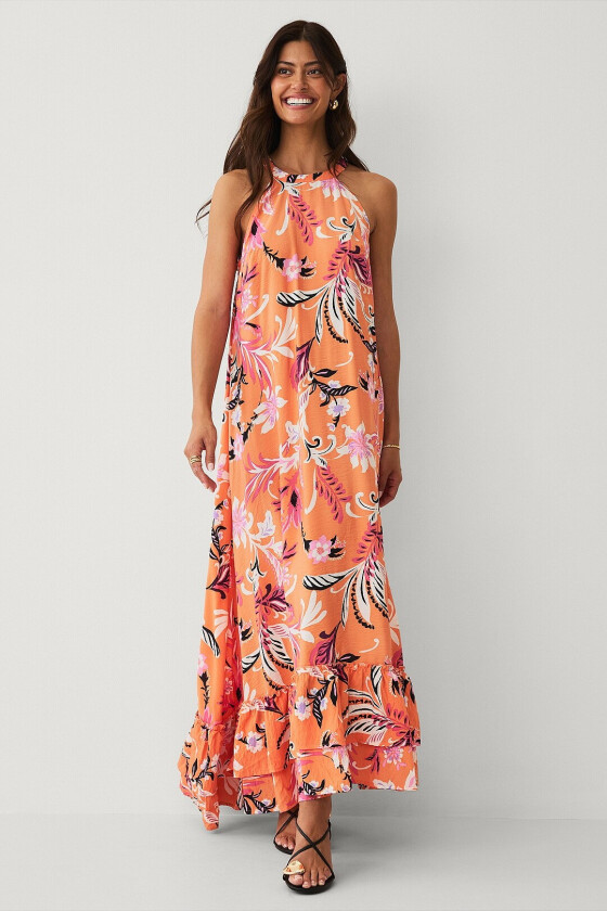 Maxikjole med halterneck - Orange
