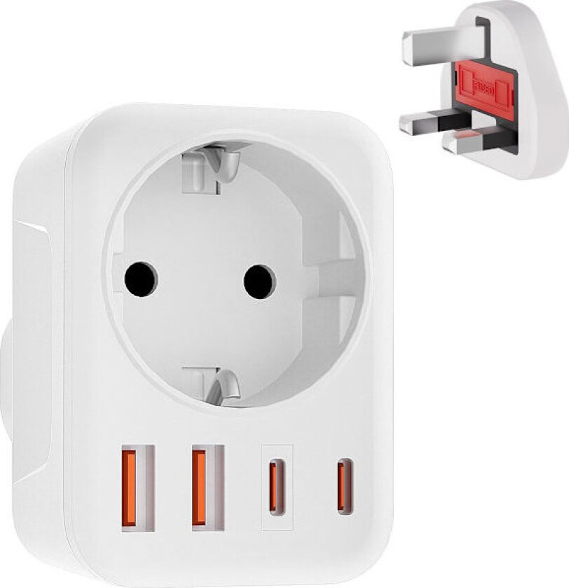ING Reiseadapter med 2USB og 2USB C (3.4A), 5-i-1 Plugg for England, Irland, Qatar, Malaysia, Dubai, Type G