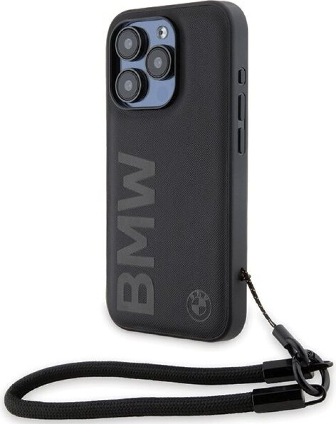 Signature Leather Wordmark Cord-etui i lær for iPhone 15 Pro Max - svart