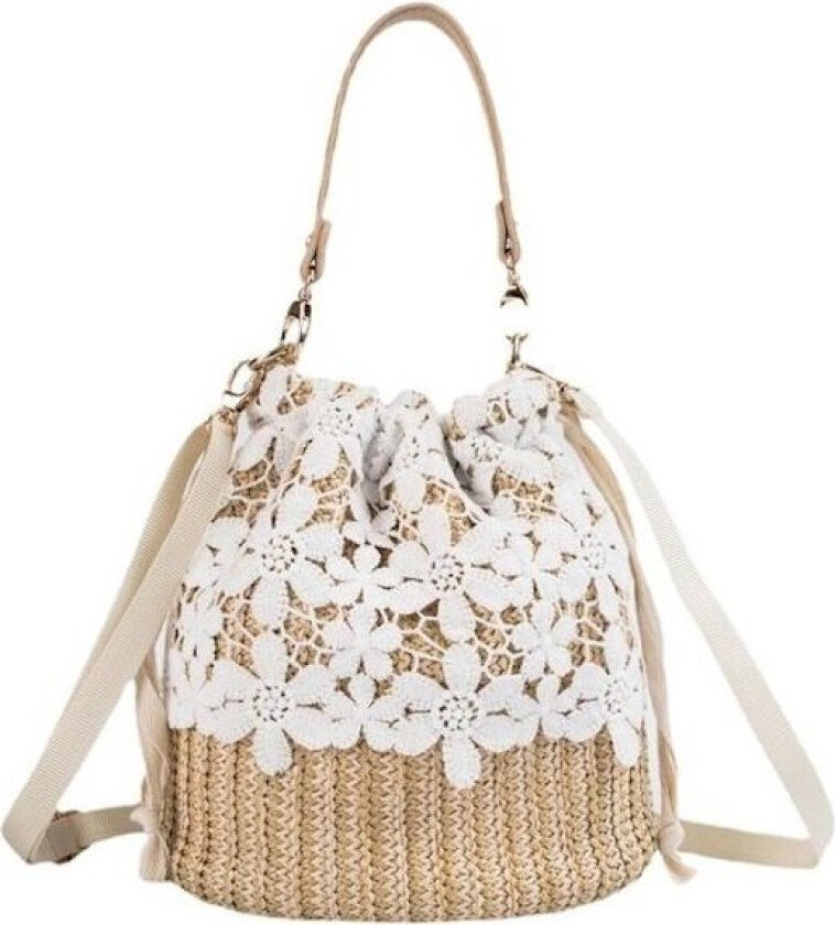 Vevd stråveske med blonder for damer, uformell tote bag for ferie, strand, elegant skulderveske