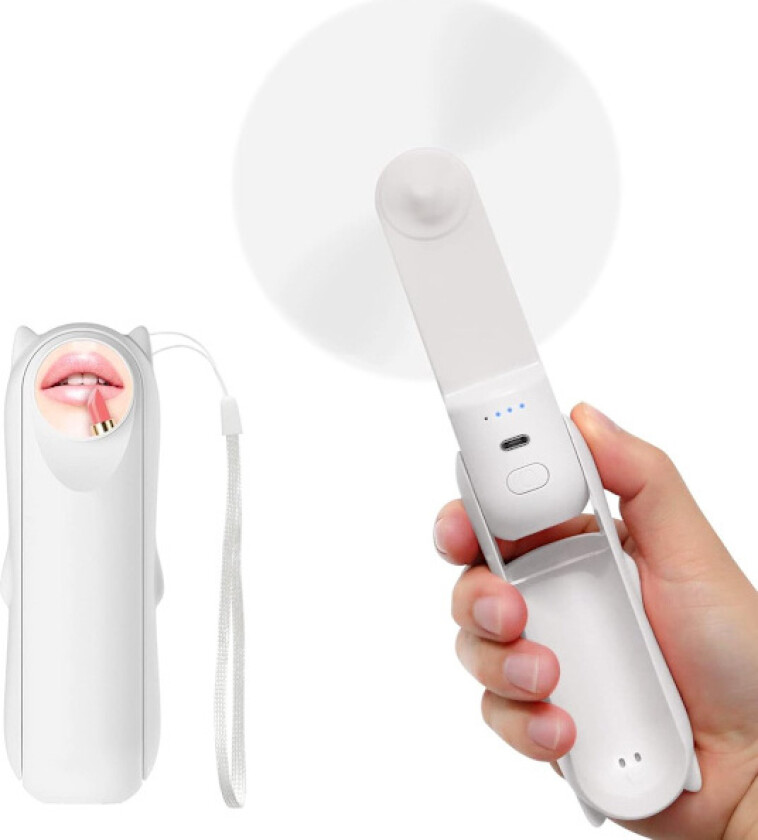 Mini håndvifte Minivifte Liten sammenleggbar håndvifte Oppladbar håndvifte Personlig lommevifte USB oppladbar powerbank med et lite speil for hvit