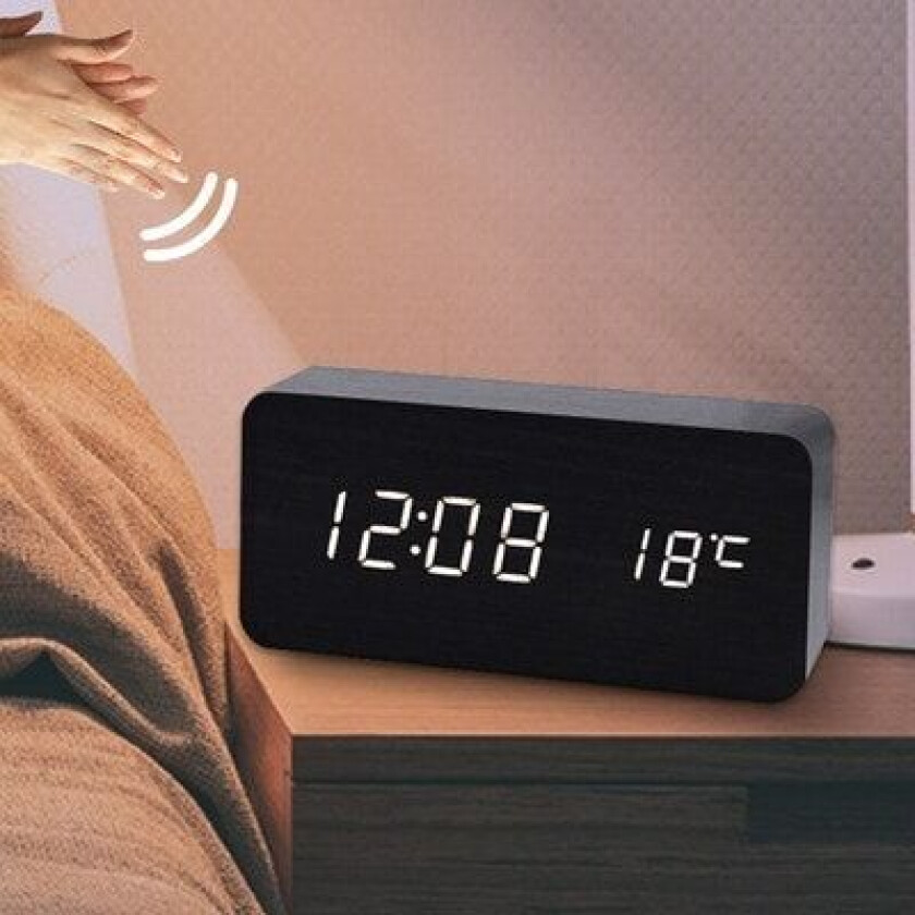 Stilig digital LED vekkerklokke i tresign