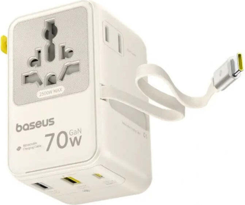 Bilde av EnerCore 70W 6-i-1 Reiseadapter m. Uttrekkbart USB-C Kabel - Hvit