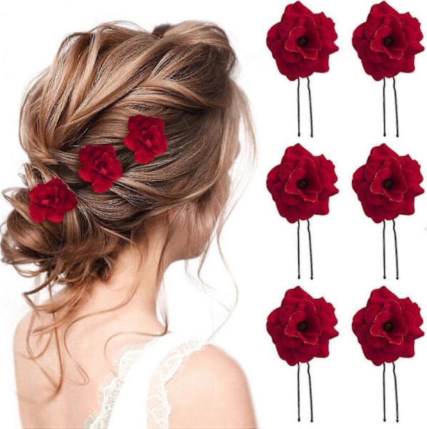 6 Røde Rose Blomster Hårnåler U Form Rose Blomster Hårspenner Brudehårnål Bryllup Hårnål Kvinner og Jenter Hårtilbehør for Fest