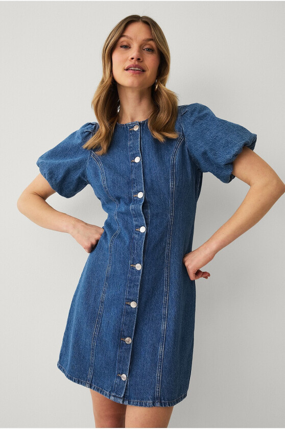 Denimkjole med bobleermer - Blå