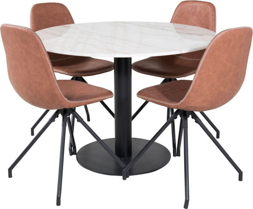 EstelleØ106WHBL spisegruppe spisebord hvit, marmor og 4 Polar spisestuestoler PU kunstskinn brun.