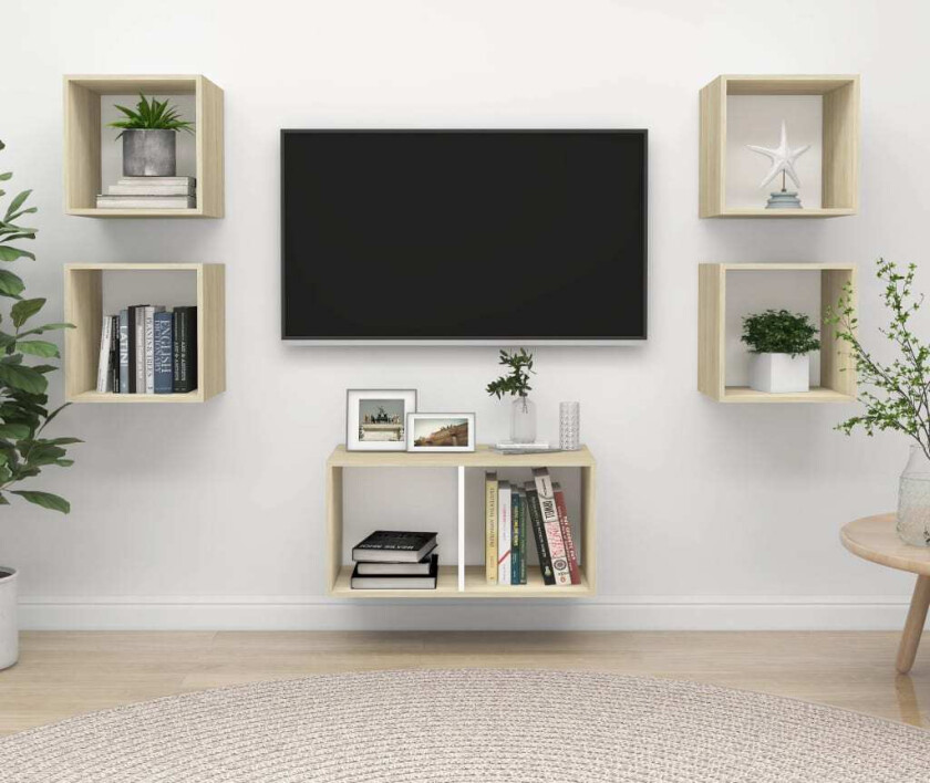 TV-benksett 5 stk hvit og sonoma eik sponplate