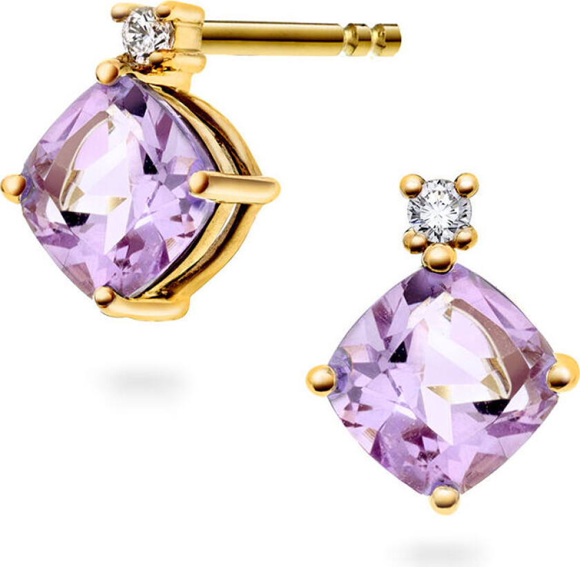 , Øredobber i 585 gult gull med zirkonia og ametyst