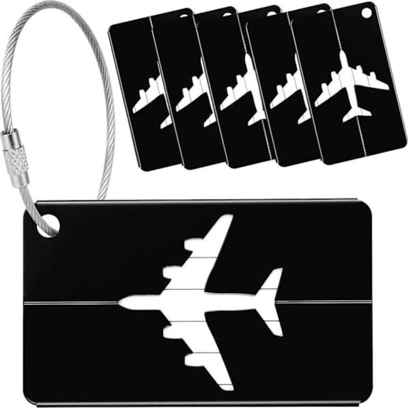 Bagmerker for kofferter, 6-pakning aluminiumslegering bagmerker med ståltråd for reisebagasje ID-merker (Svart)