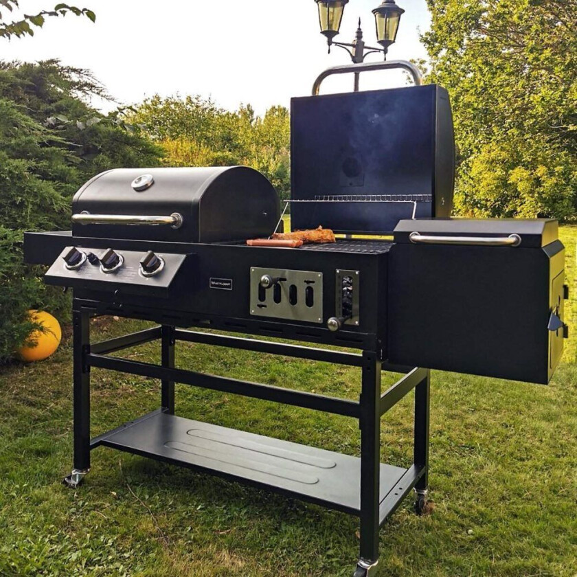 Kombinert kull- og gassgrill med røyk