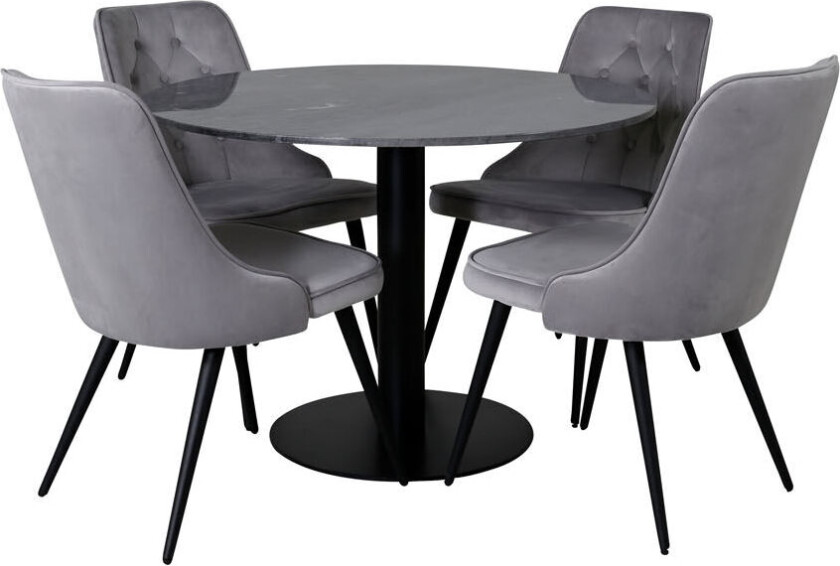 EstelleØ106BLBL spisegruppe spisebord svart, marmor og 4 Velvet Deluxe spisestuestoler velour lysegrå.
