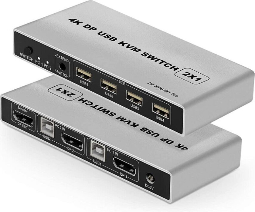 NÖRDIC KVM Switch 2 PC til 1XDP 1.2 4K60Hz og 3xUSB-port for Xbox, PS5, bærbar PC