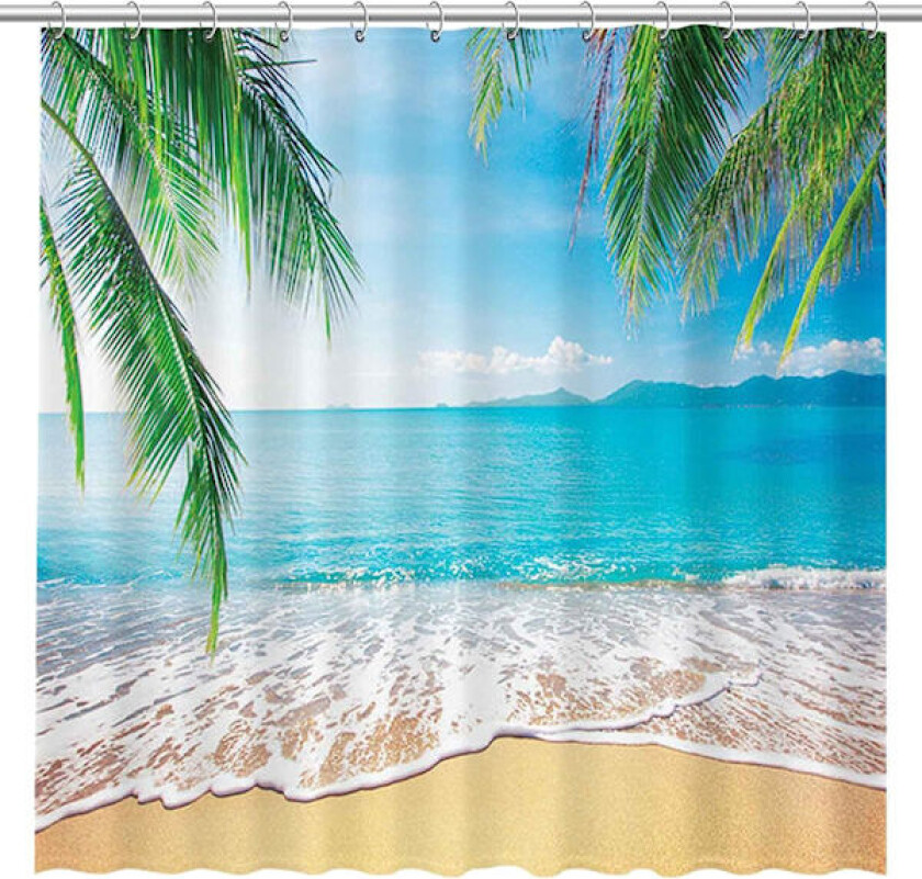 Dusjforheng Tropisk strand Sommer Kystscene Hav Øy Palme Bad Dekorasjon holdbar gardin Bad dusj dekorasjon med 12 kroker 72x72 tommer