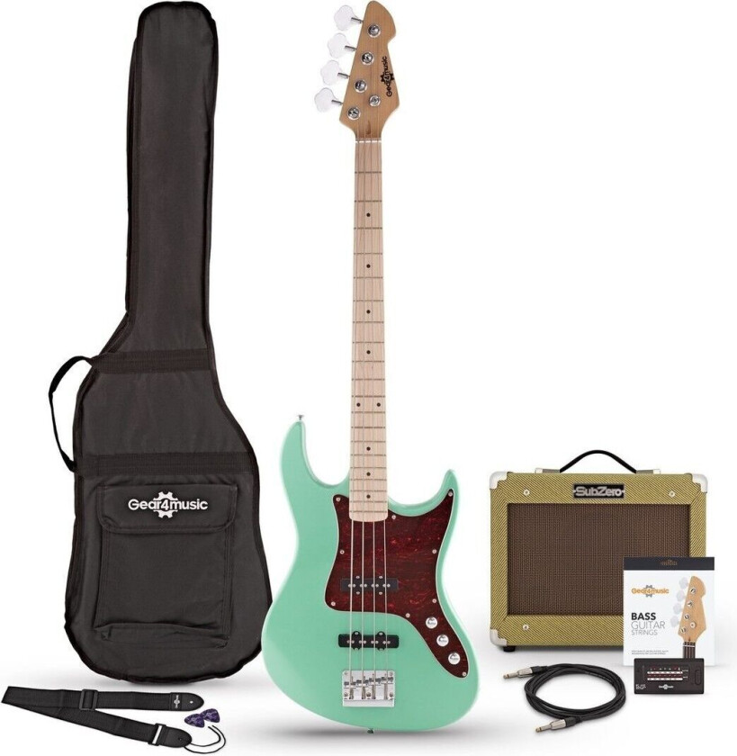 Gear4Music LA II Bassgitar + Tweed 15W Forsterkerpakke Seafoam Green