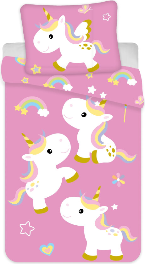 Sengetøy med enhjørningsmotiv - 150x210 cm - Unicorn barnesengetøy - 2 i 1 design - Sengesett i 100% bomull