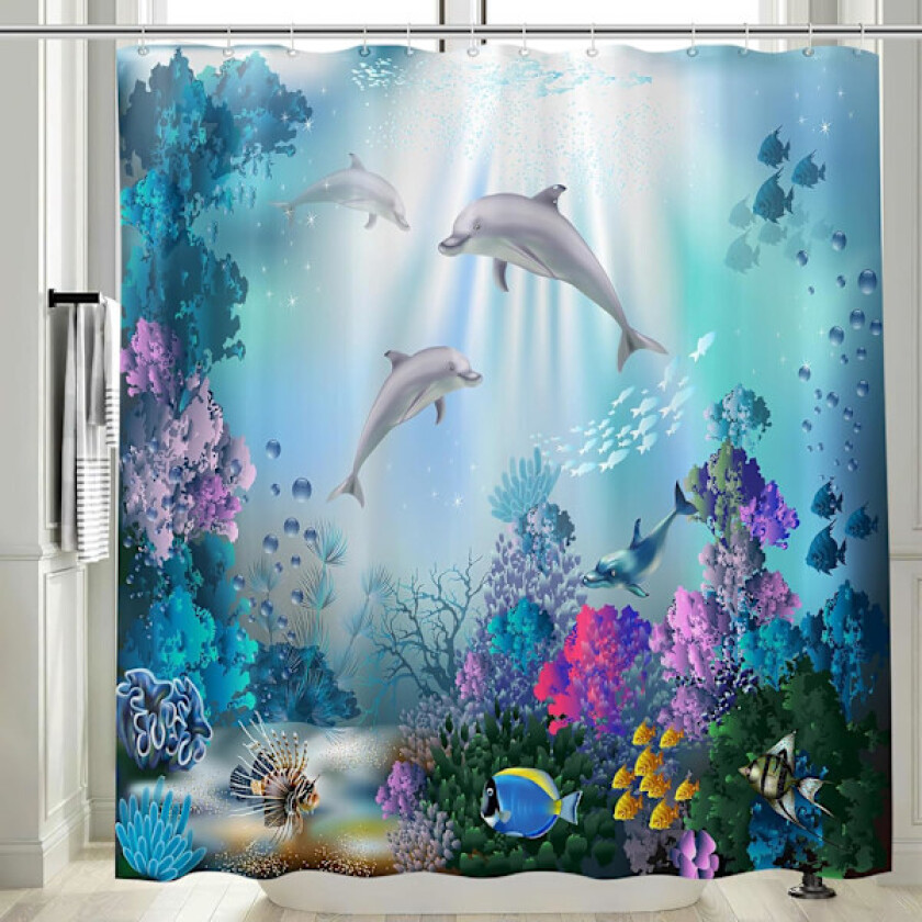 180x200cm Lang Stoff Delfin Dusjforheng Anti Mugg 3D Trykt Hav Blå Baderomsforheng Vanntett Polyester Marine Bakgrunnsmønster Fisk