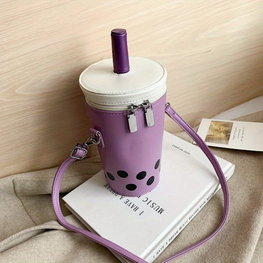 Mini Boba Tea Crossbody-veske for damer - Søt koppformet håndveske med justerbar stropp, glidelås, Beige/Rosa/Svart/Hvit/Brun/Grå/, Com (FMY) Lilla