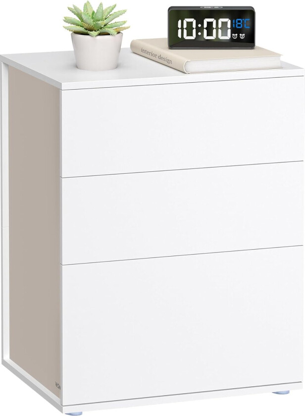 VASAGLE Superrask verktøyfri montering, nattbord, nattbord med 3 oppbevaringsskuffer, sidebord, moderne minimalistisk, soverom stue, matt hvit og cappuccino beige LET778W01