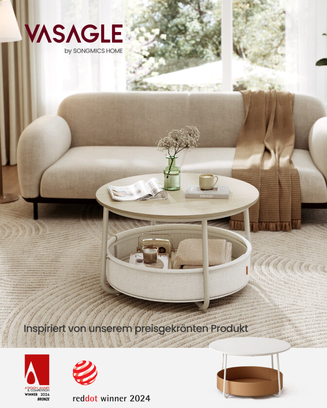 VASAGLE LCT244K01 Rundt salongbord med oppbevaringsplass Sidebord Stuebord med stoffkurv Moderne metallramme Naturbeige/Kremhvit