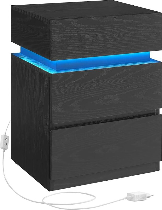 LET630T56 Nattbord med LED-belysning, Sidebord, Nattbordskap, Salongbord, Justerbare farger, 3 skuffer, Soverom, Moderne, 35 x 40 x 55 cm, Svart med trestruktur