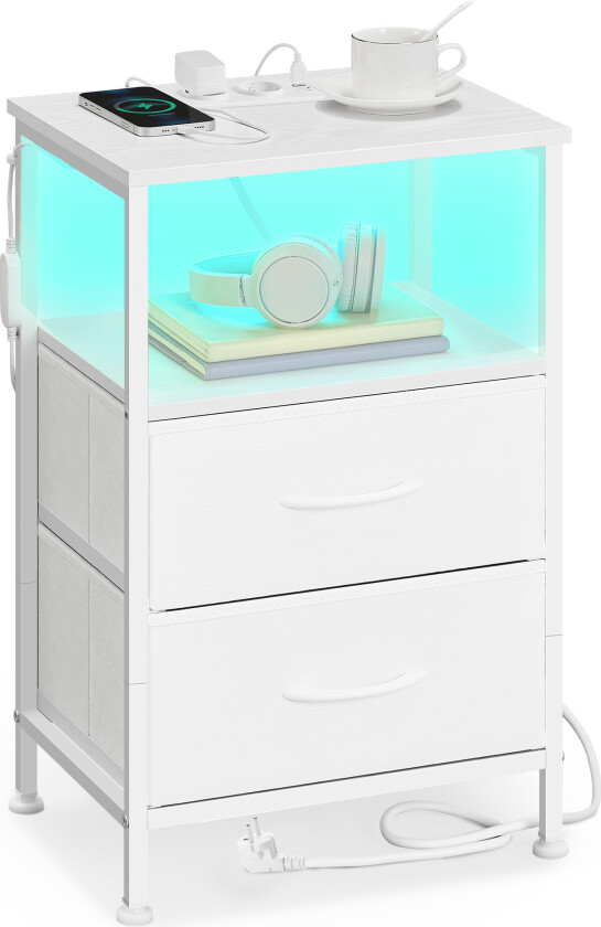 SONGMICS BELLAH Collection LGS302WH03 Nattbord med ladestasjon, sidebord med appkontroll, justerbar LED-belysning, 1 åpent rom, 2 skuffer, Cloud White/Snøhvit