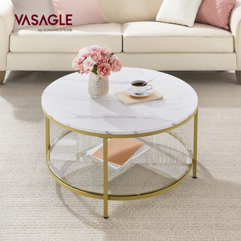 VASAGLE Salongbord, Stuebord, Sofa Cocktailbord Rundt Imitert Marmor, Oppbevaringshylle i Herdet Glass, Enkel å Montere, Moderne Stil, Til Stue, Marmor Hvit og Metallisk Gull LCT071W59