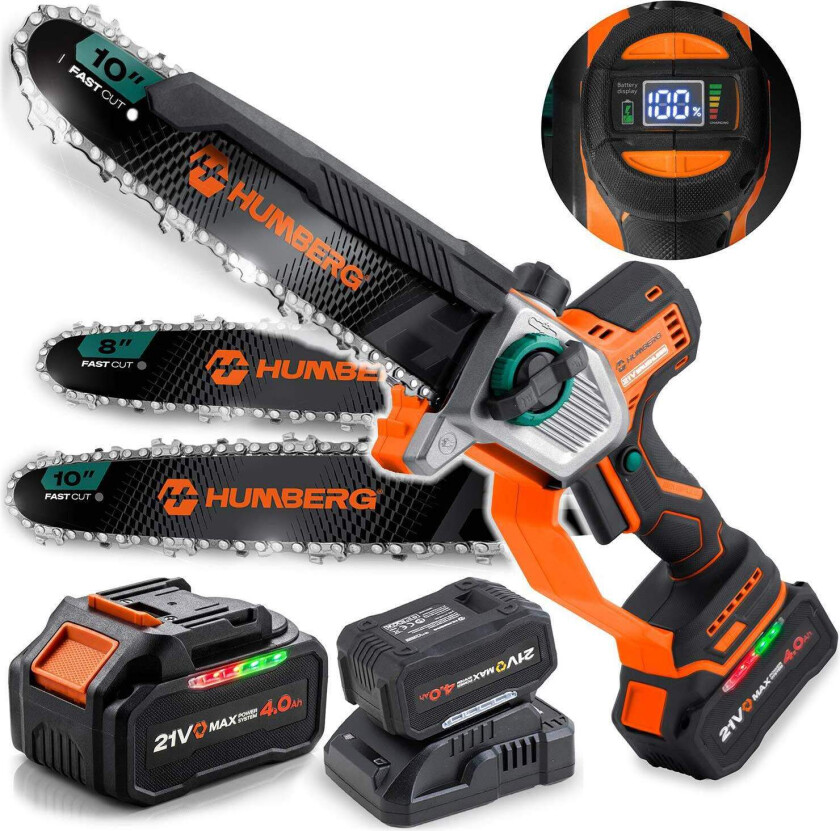 Batteridrevet motorsag 21V 4Ah, 10" og 8" sverd, børsteløs
