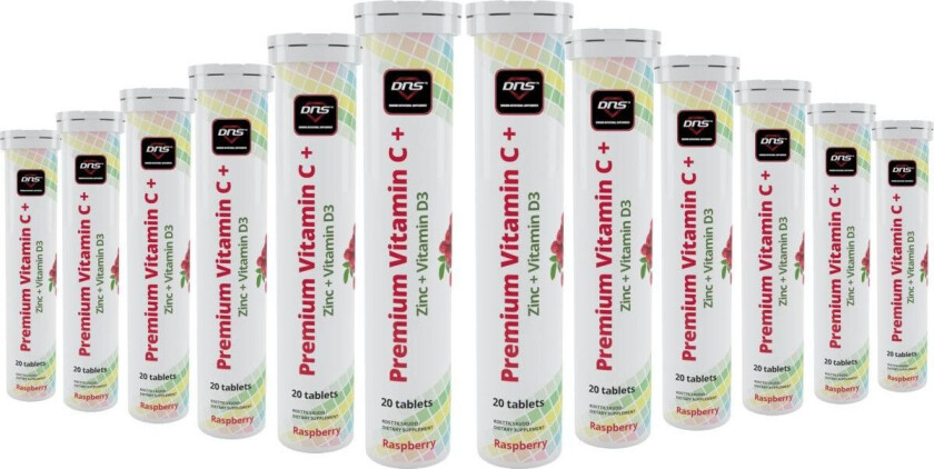 12-pack Premium Vitamin-C + Zinc + D3 1000 mg - Raspberry - 20 Brustabletter