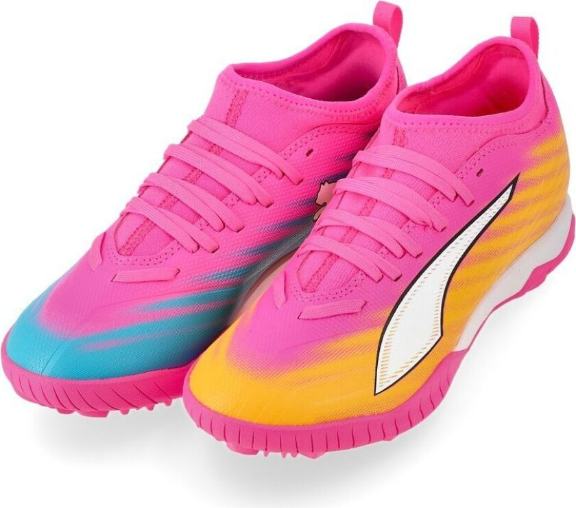 Ultra 6 Match Mid + TT Showtime - Poison Pink/ White/Solstrøm/Bright Aqua/ Svart Barn - Turf (TF), størrelse 37½