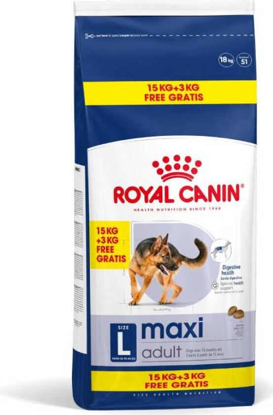 1kg/3kg gratis! 9kg/18kg Royal Canin Size Hundefôr Bonusbag - Maxi Adult (15 kg + 3 kg gratis!)
