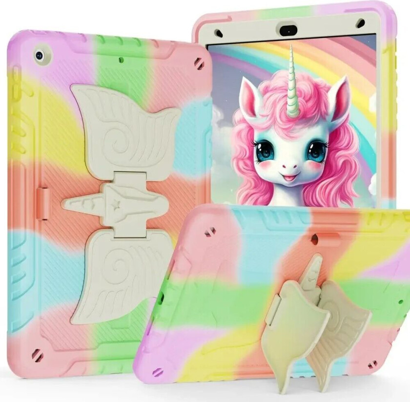 iPad 10,2" (2021 / 2020 / 2019) Unicorn Kickstand Barnedeksel - Regnbue / Beige