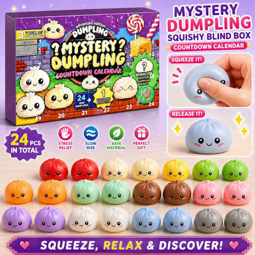 Dumpling Squishy, 2026 Mystery Dumpling Squishies Countdown Kalender, 24 tilfeldige overraskelses-dumpling squishies, stresslindrende sensorisk fidget-leke