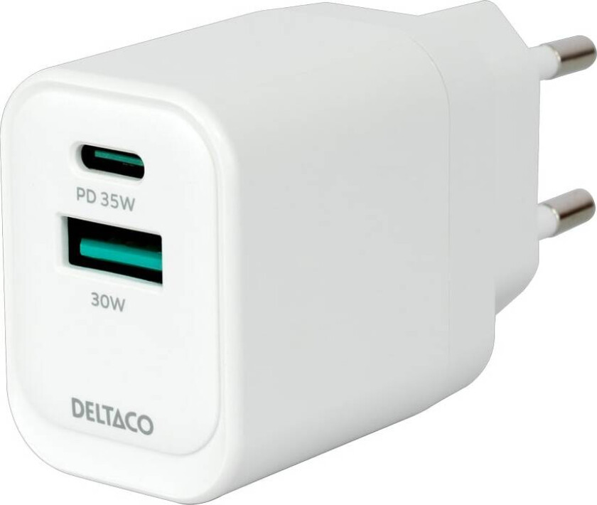 Deltaco USB GaN-vegglader med 1 x USB 30 W, 1 x USB-C PD 35 W / GaN-lader med USB-A og USB-C