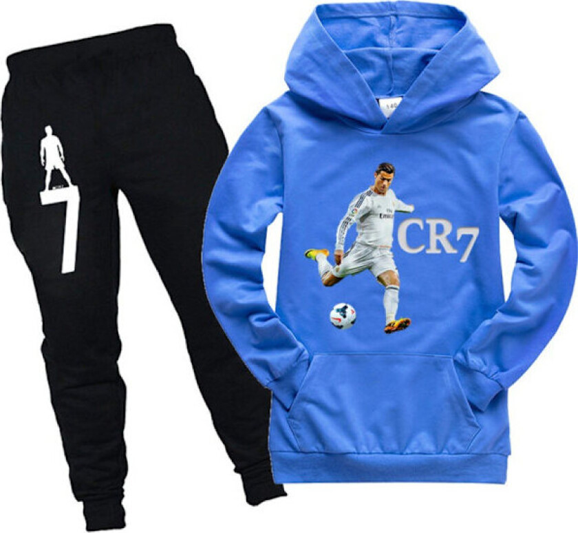 Ronaldo CR7 Barn Hoodie Genser med Hetteskjerf + Bukser Treningsdrakt Antrekk for Gutter Blå