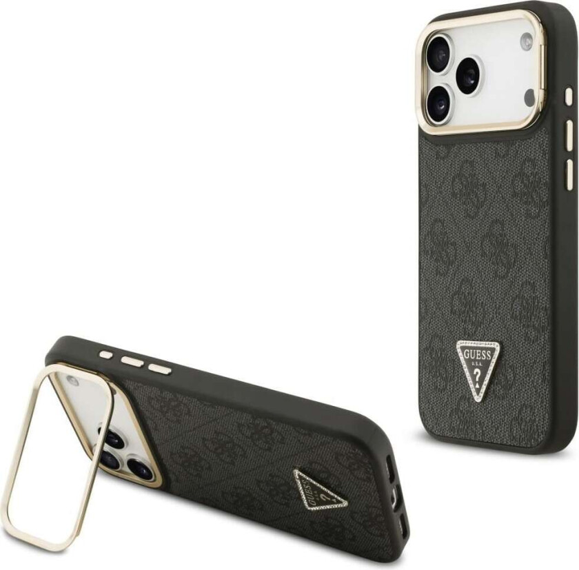 4G PU-etui med trekantet logo og stativ, Magsafe-kompatibelt, til iPhone 17 Pro Max – svart