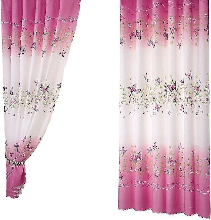 Sommerfuglblomstrete gardiner for jenterom, halvtransparente gardiner med kroker for jenterom, barnerom, soverom, stue, 99 x 198 cm