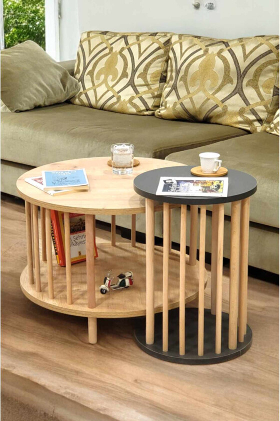 Sofabordsett Hanah Home Peka Set Pro (Ø60 x H43 cm) Sapphire eik antrasitt - Sapphire Oak og antrasitt