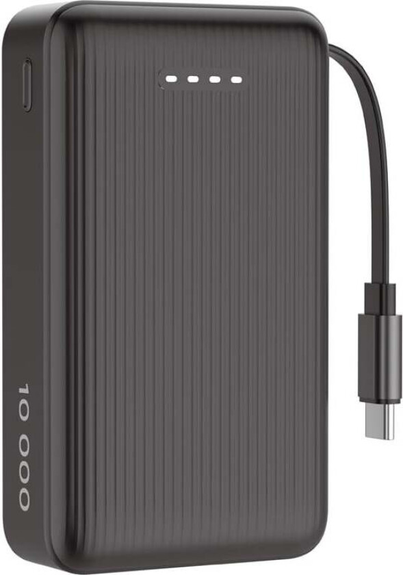 PB-CC102 - Powerbank 10 000 mAh - Retractable USB-C cable 90 cm + 1x USB-C PD 20 W - Black Nødlader - Svart - 10000 mAh