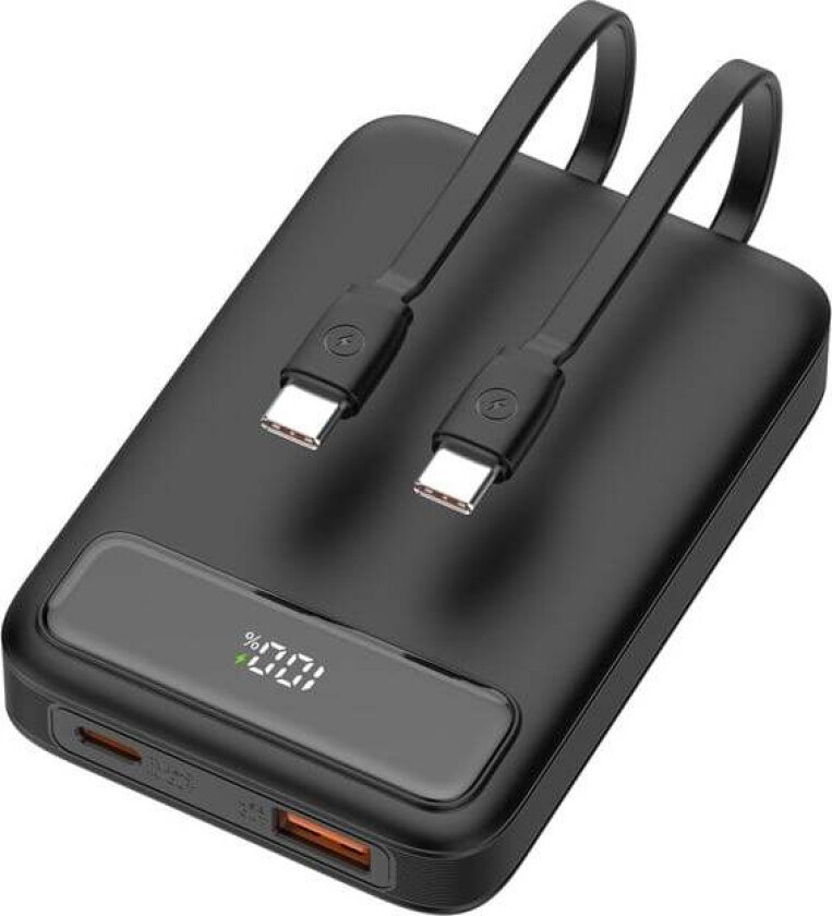PB-CC100 - Powerbank 10 000 mAh - 2x USB-C cables built-in + 1x USB-A & 1x USB-C PD 20 W - Black Nødlader - Svart - 10000 mAh