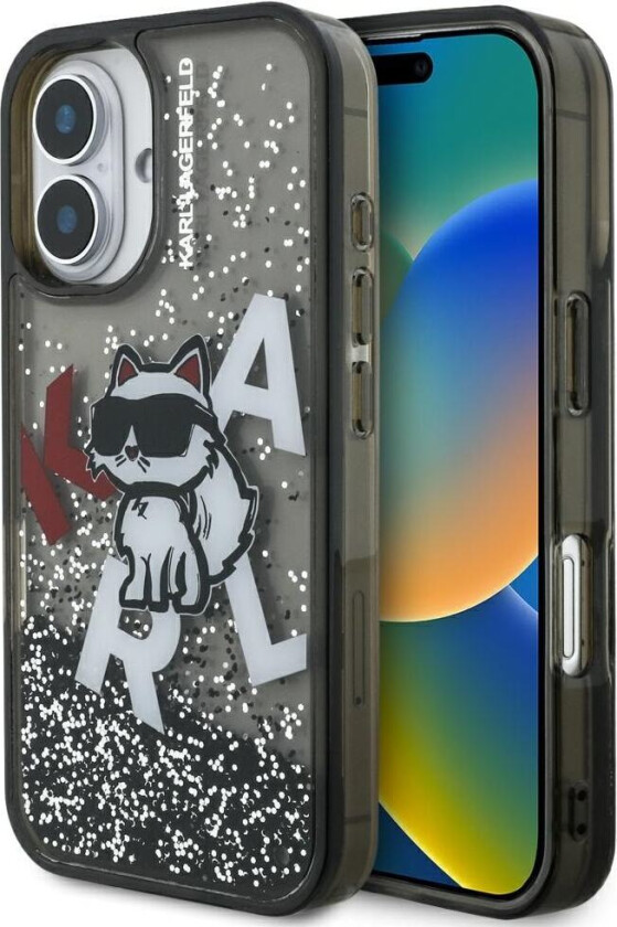 iPhone 16-etui med flytende glitter og Choupette-logo – svart