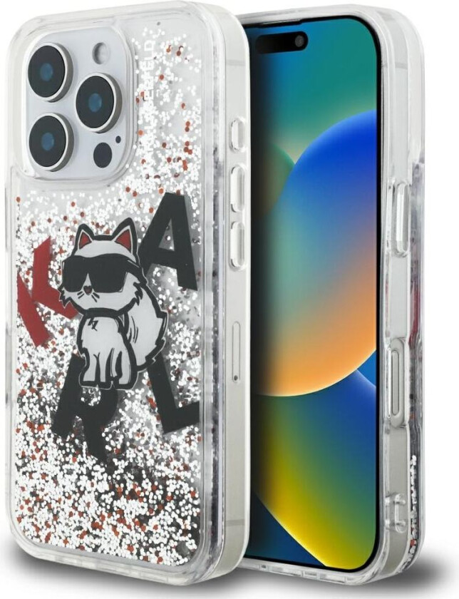 Liquid Glitter Choupette-etui med logo til iPhone 16 Pro – gjennomsiktig