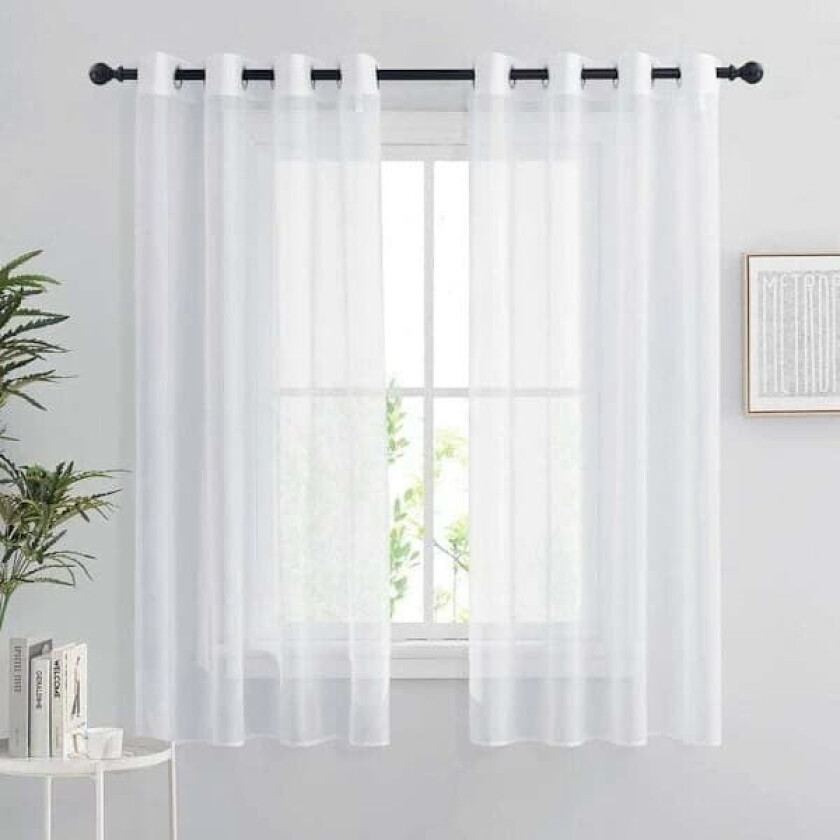 Hvite Skjære Gardiner, Sett med 2 Korte Gardiner 132 x 160 cm Hjemmeinnredning Soverom Kjøkken, Organza Tyll med Maljer Transparent Lysfiltrering, Hvit